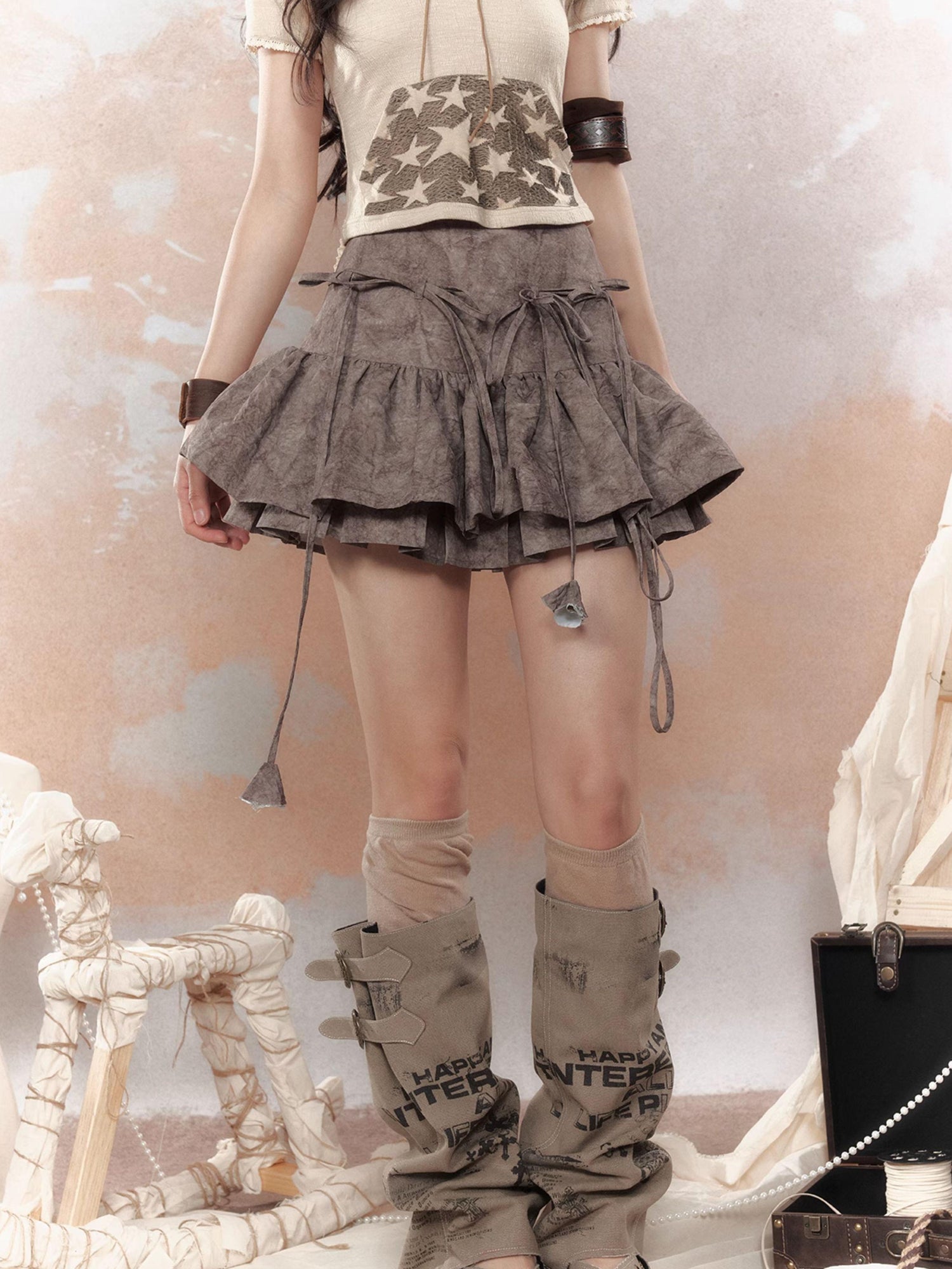 ALL iN plan Steampunk Rivet Skirt Distressed Lace Hem