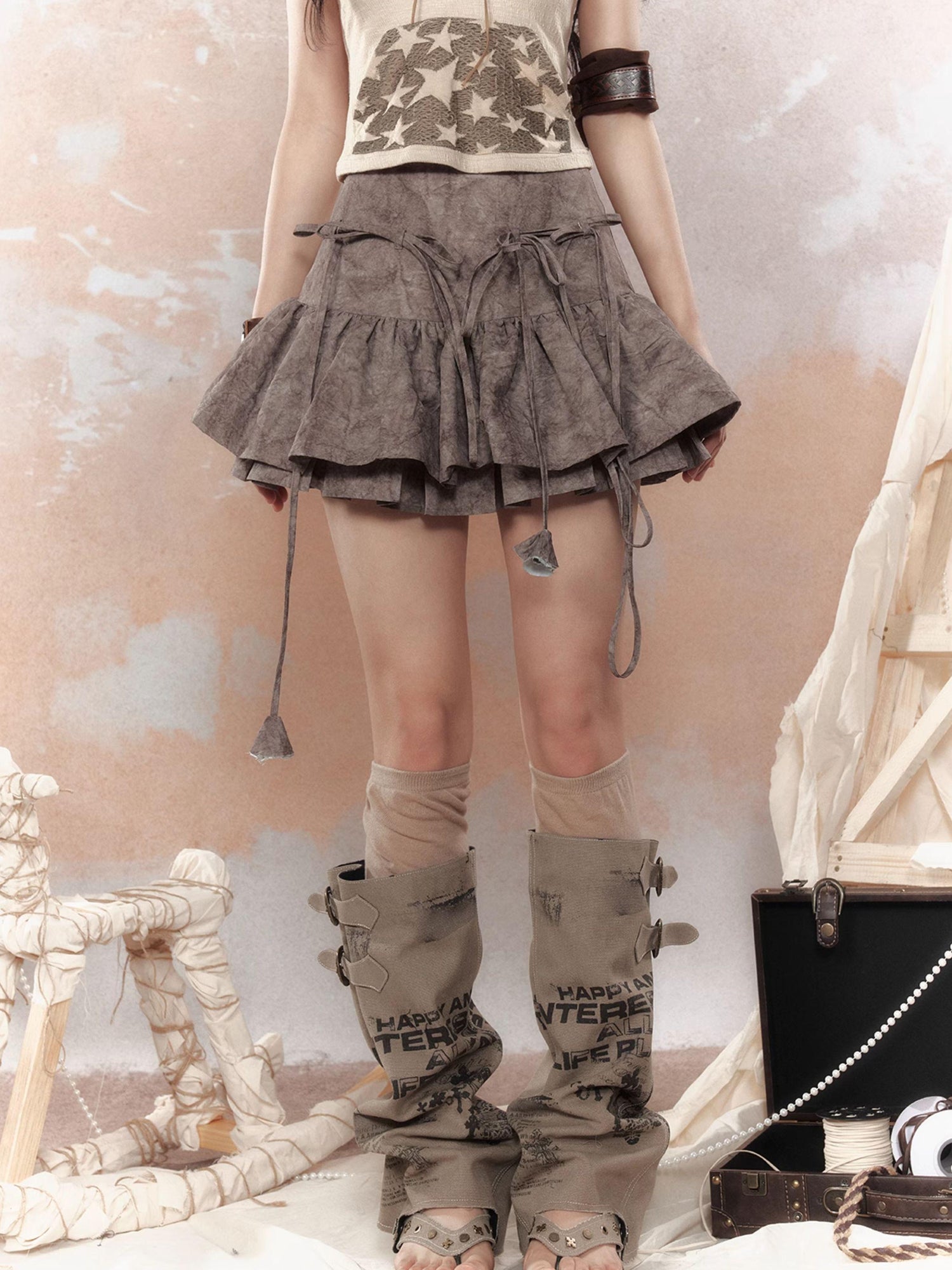 ALL iN plan Steampunk Rivet Skirt Distressed Lace Hem