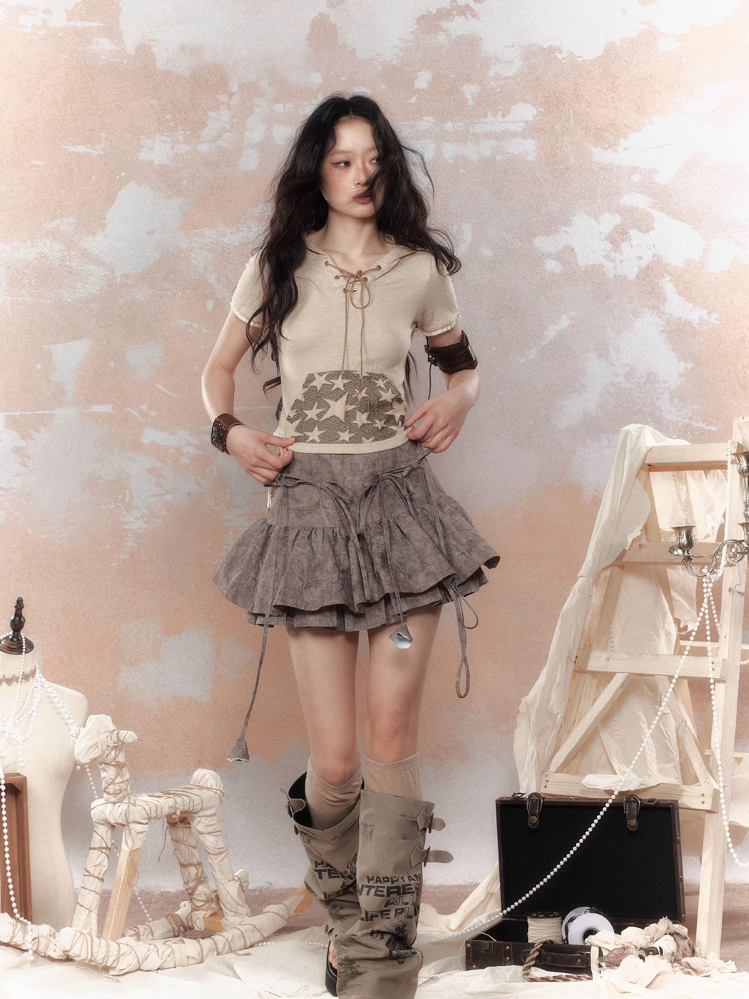ALL iN plan Steampunk Rivet Skirt Distressed Lace Hem