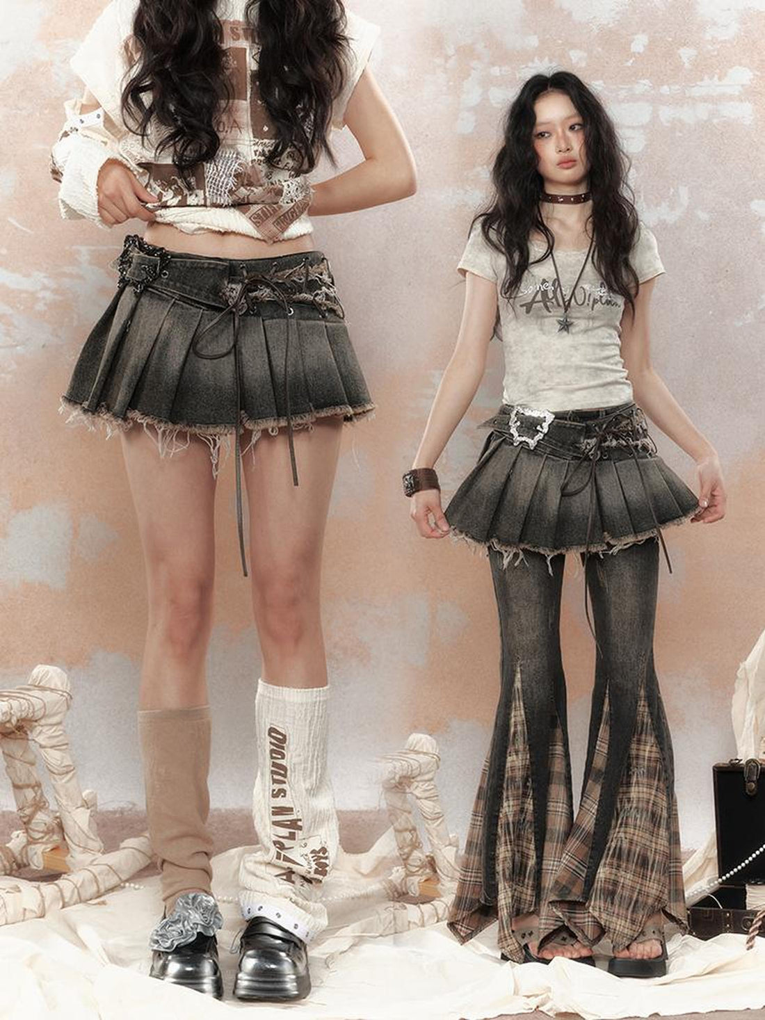 ALL iN plan Steampunk Rivet Studded Denim Mini Skirt