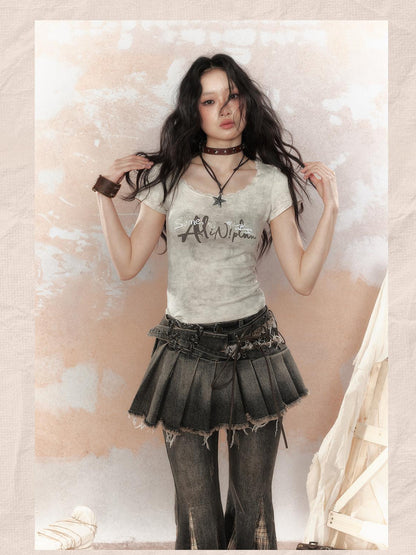 ALL iN plan Steampunk Rivet Studded Denim Mini Skirt