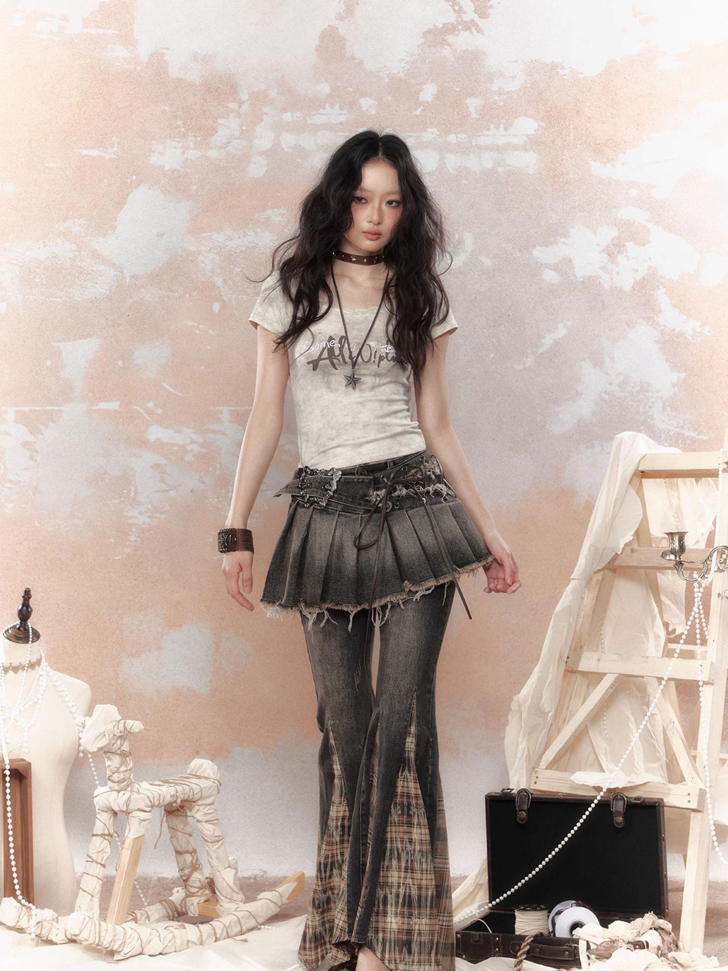 ALL iN plan Steampunk Rivet Studded Denim Mini Skirt