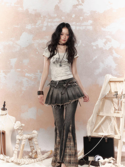 ALL iN plan Steampunk Rivet Studded Denim Mini Skirt