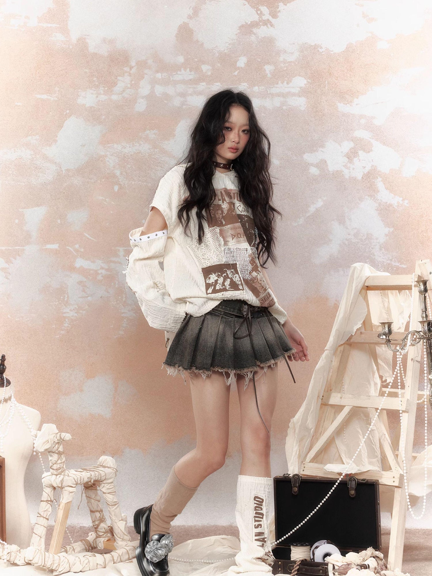 ALL iN plan Steampunk Rivet Studded Denim Mini Skirt