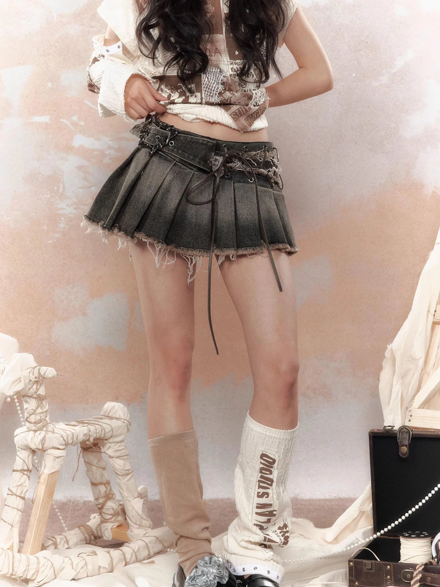 Steampunk Rivet Studded Denim Mini Skirt