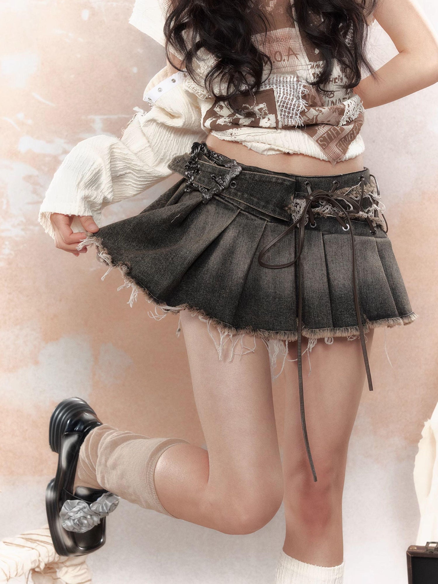 ALL iN plan Steampunk Rivet Studded Denim Mini Skirt