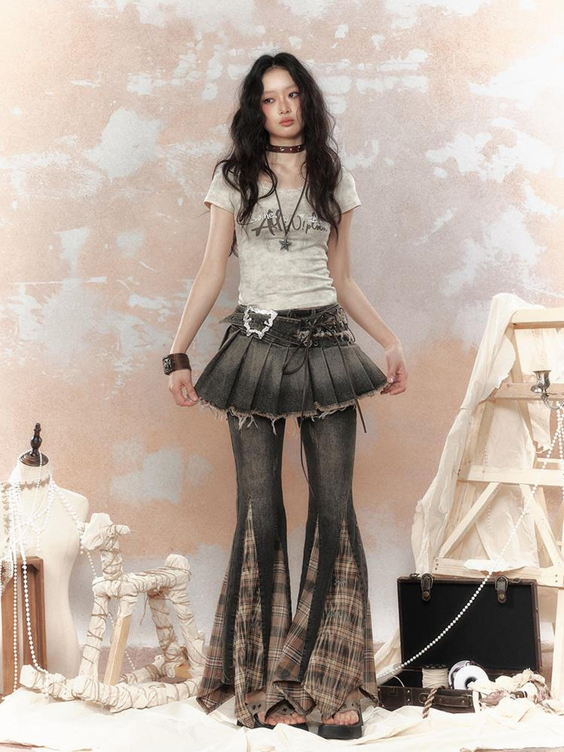 ALL iN plan Steampunk Rivet Studded Denim Mini Skirt
