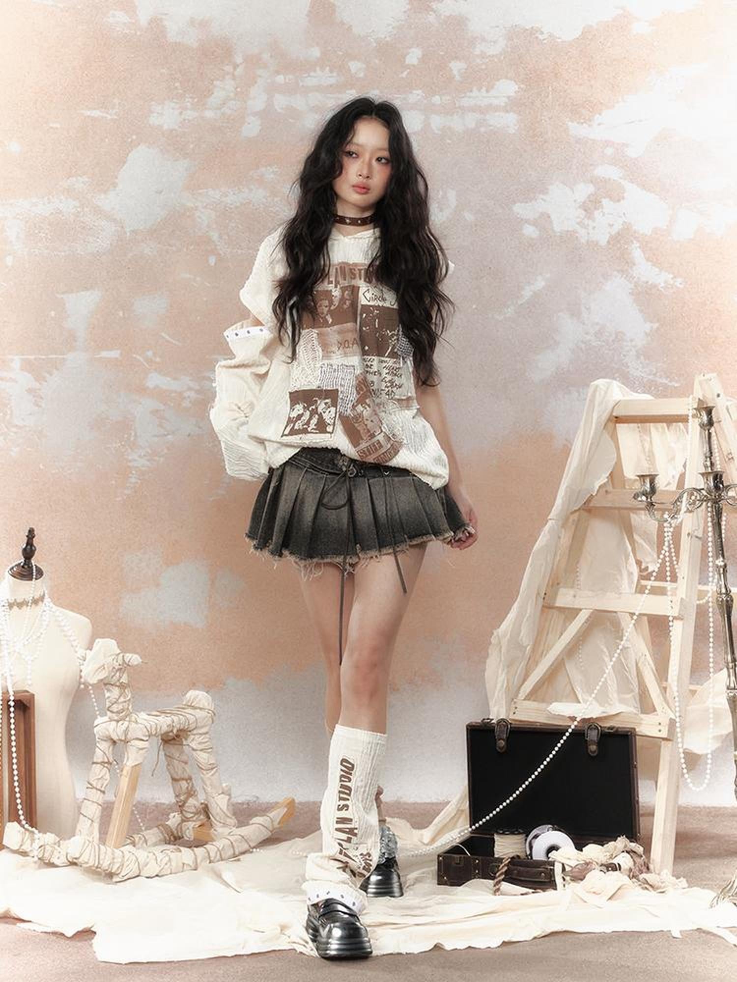 ALL iN plan Steampunk Rivet Studded Denim Mini Skirt