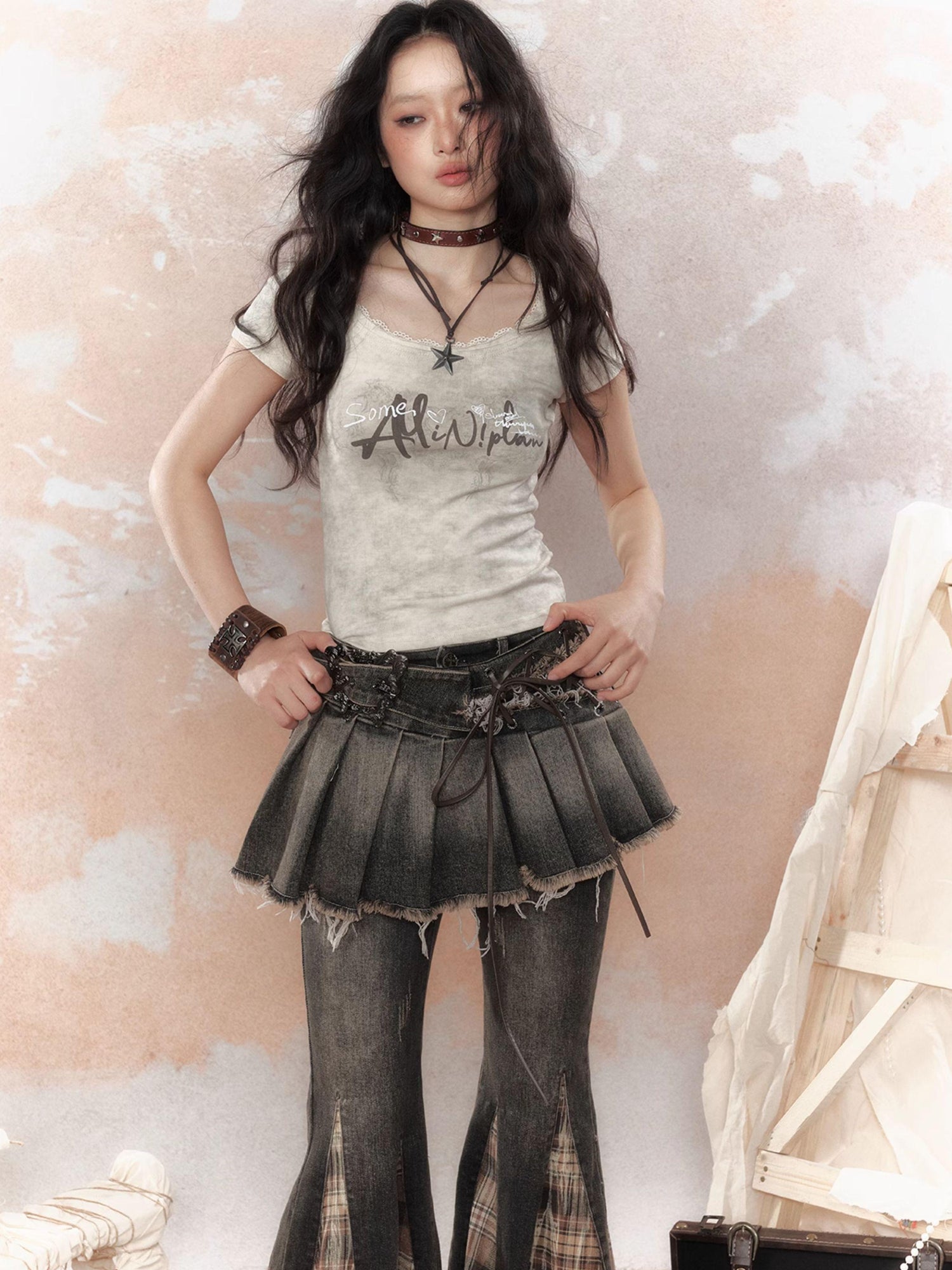 ALL iN plan Steampunk Rivet Studded Denim Mini Skirt
