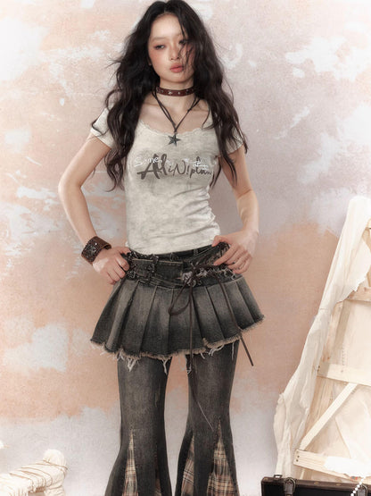 ALL iN plan Steampunk Rivet Studded Denim Mini Skirt