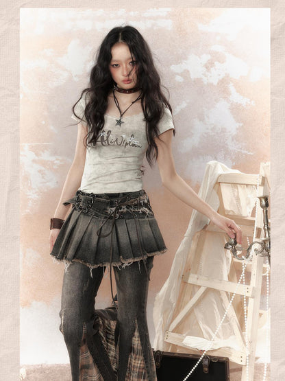 ALL iN plan Steampunk Rivet Studded Denim Mini Skirt