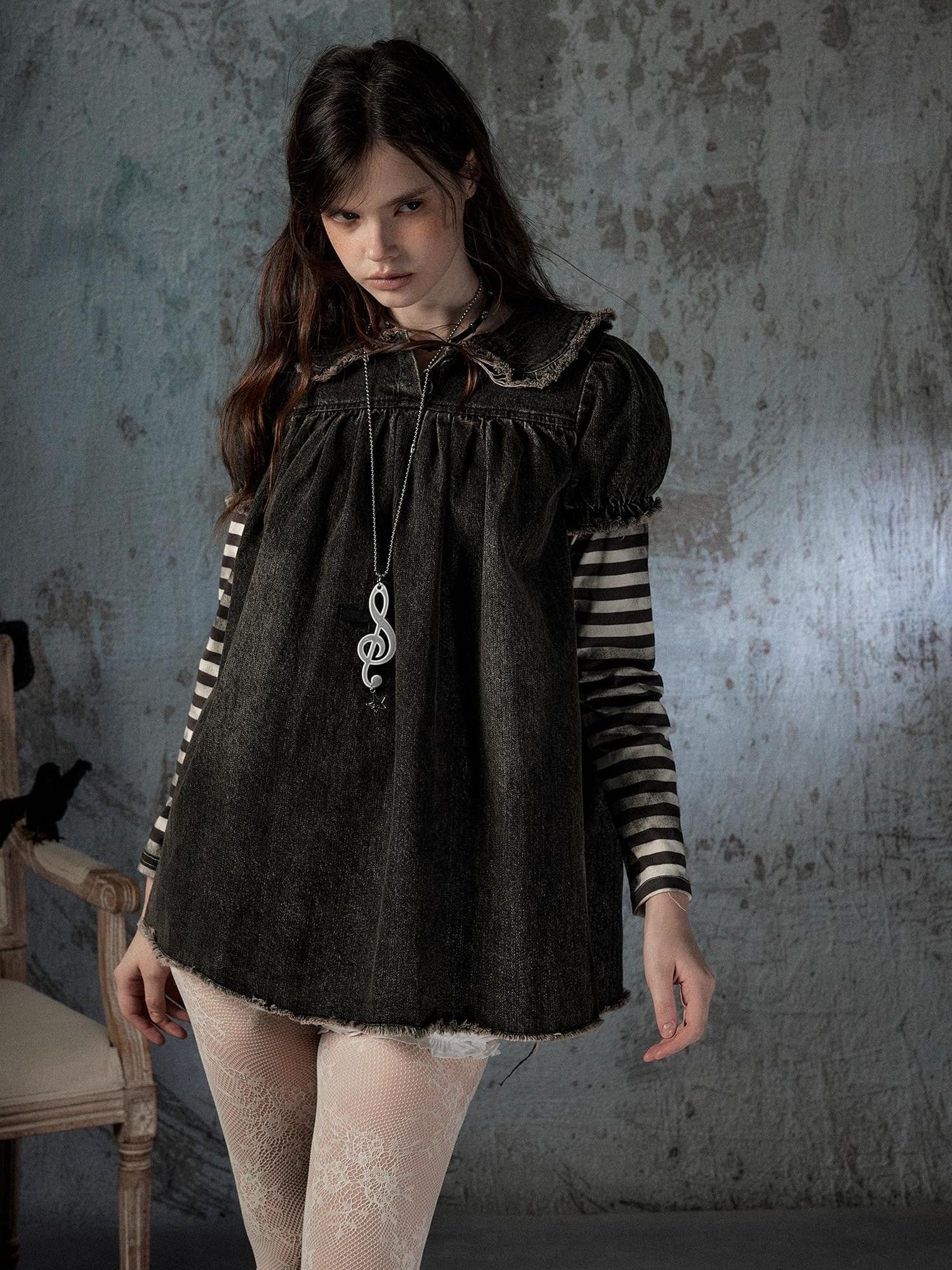ALL iN plan Striped Denim Patchwork Doll Collar Distressed Women&