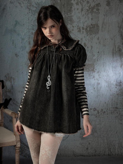ALL iN plan Striped Denim Patchwork Doll Collar Distressed Women&