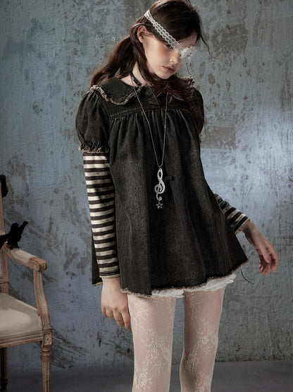 ALL iN plan Striped Denim Patchwork Doll Collar Distressed Women&