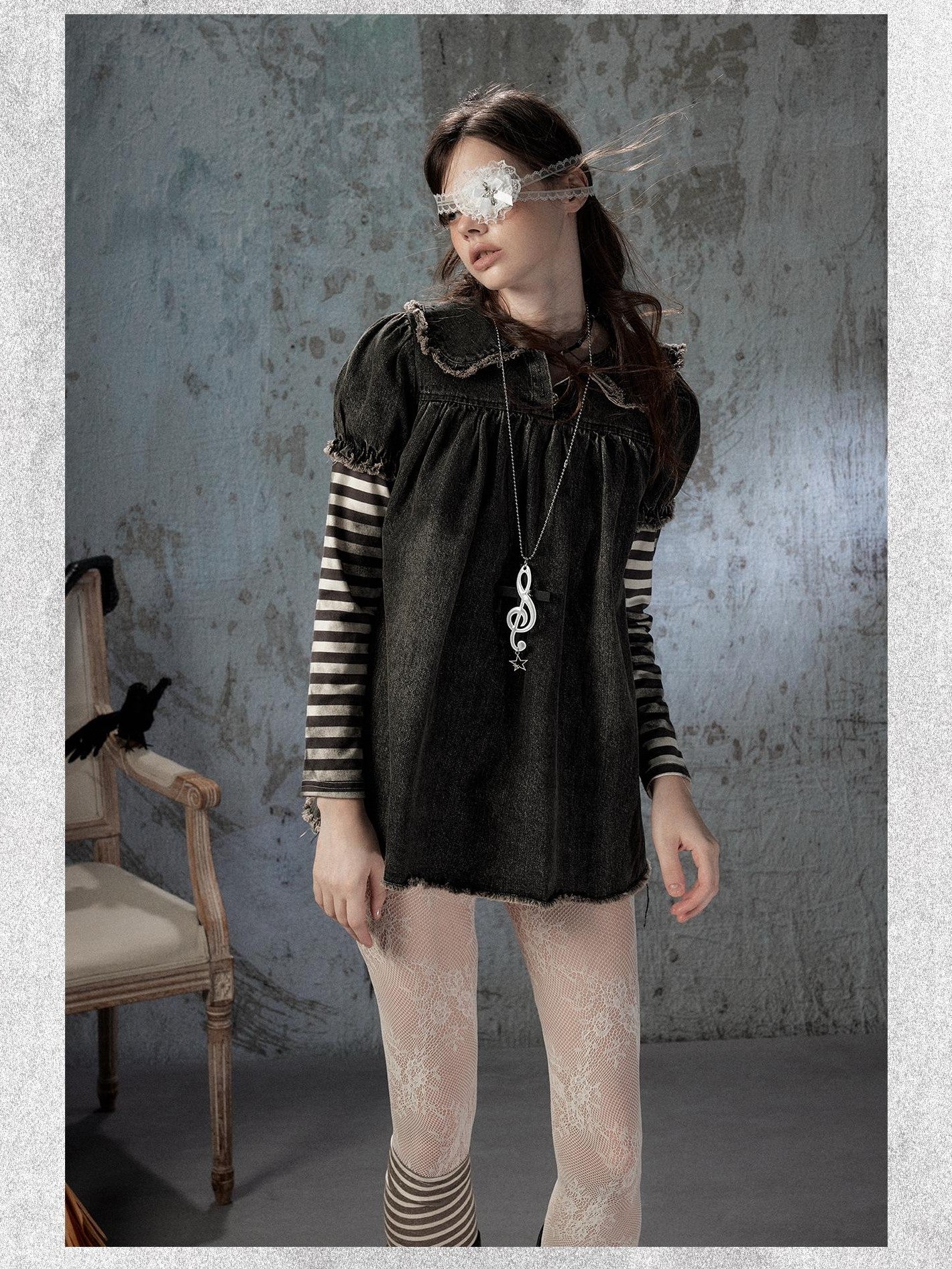 ALL iN plan Striped Denim Patchwork Doll Collar Distressed Women&