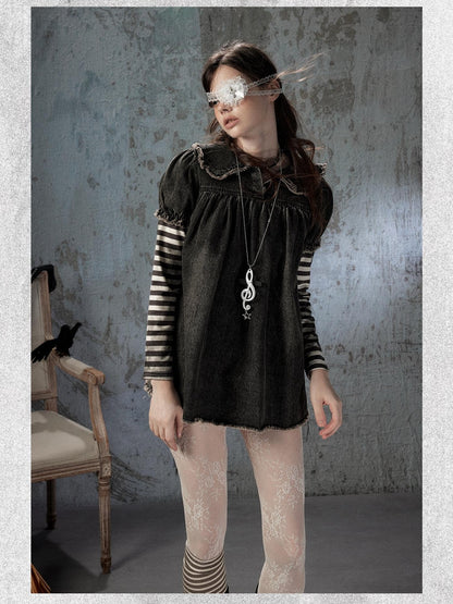 ALL iN plan Striped Denim Patchwork Doll Collar Distressed Women&