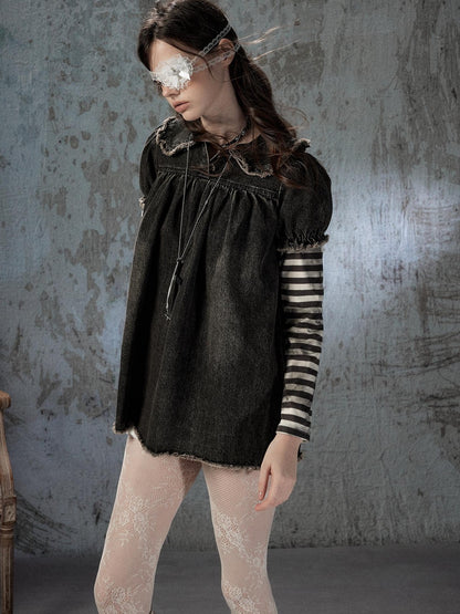 ALL iN plan Striped Denim Patchwork Doll Collar Distressed Women&