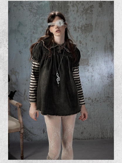ALL iN plan Striped Denim Patchwork Doll Collar Distressed Women&