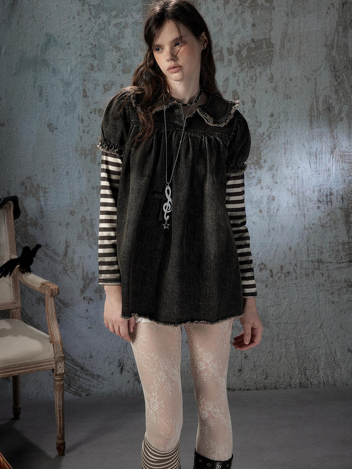 ALL iN plan Striped Denim Patchwork Doll Collar Distressed Women&