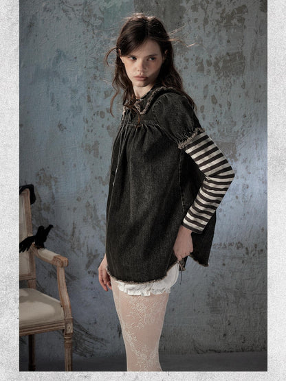 ALL iN plan Striped Denim Patchwork Doll Collar Distressed Women&