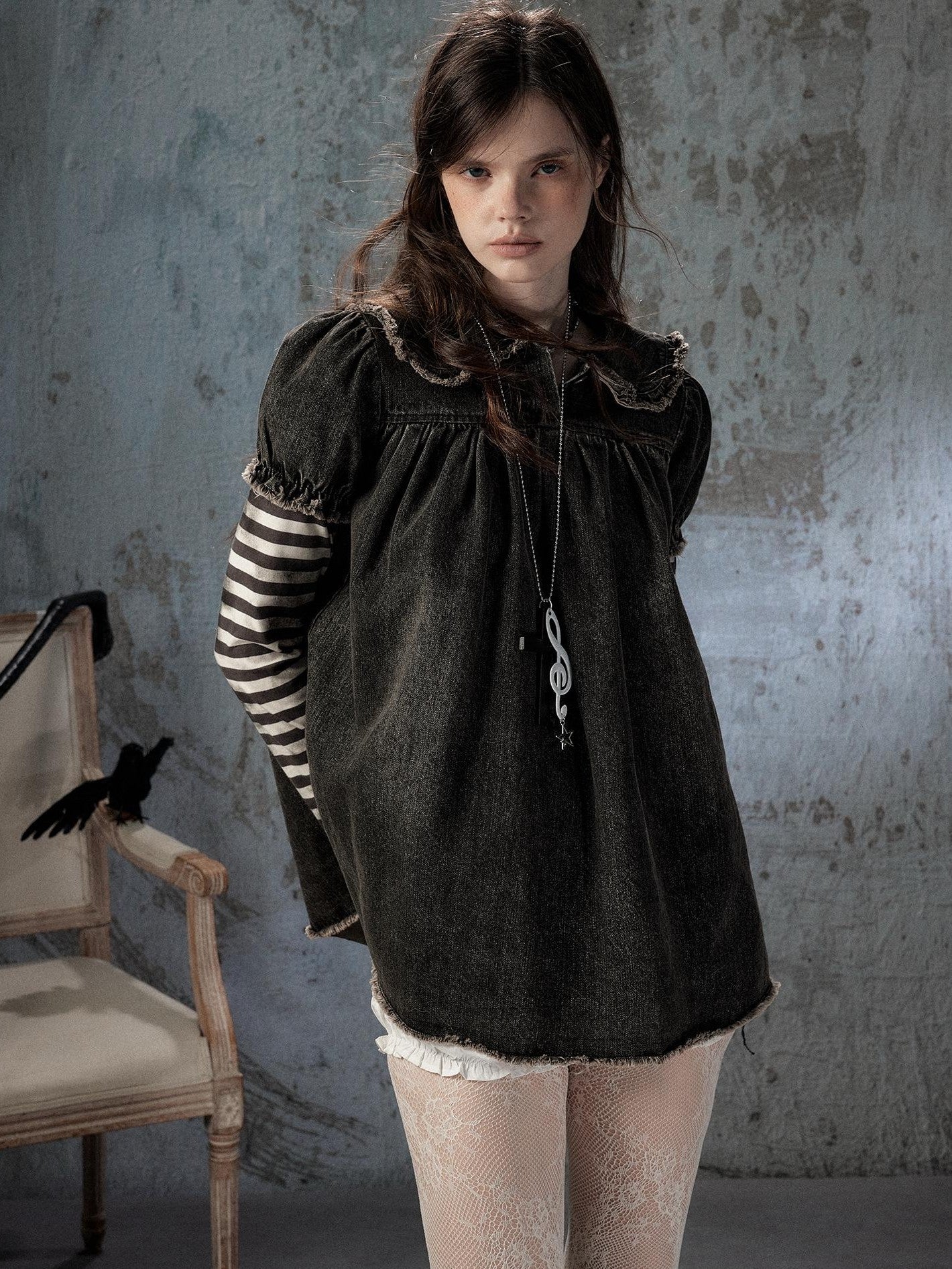 ALL iN plan Striped Denim Patchwork Doll Collar Distressed Women&