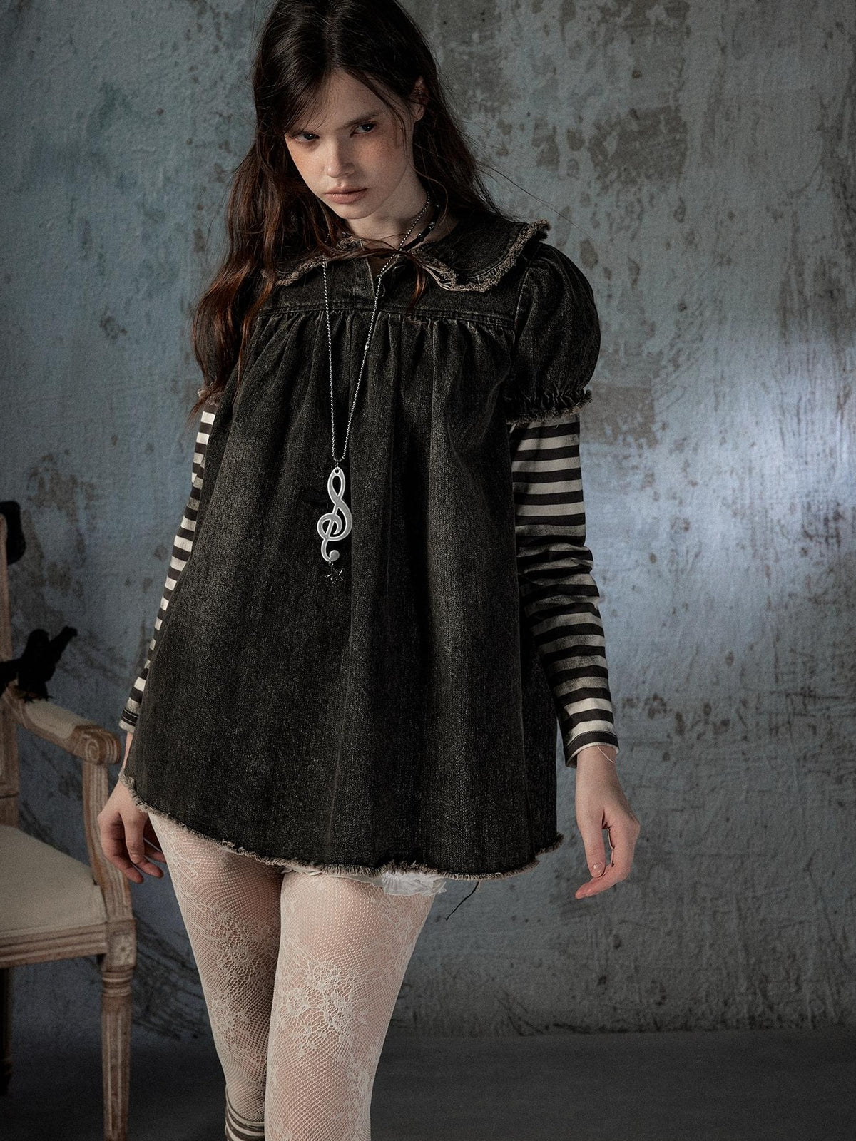 ALL iN plan Striped Denim Patchwork Doll Collar Distressed Women&