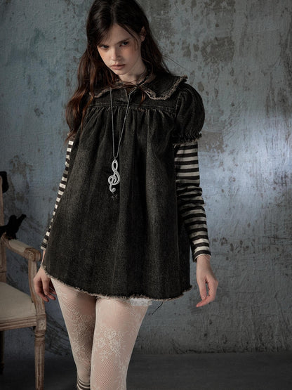 ALL iN plan Striped Denim Patchwork Doll Collar Distressed Women&