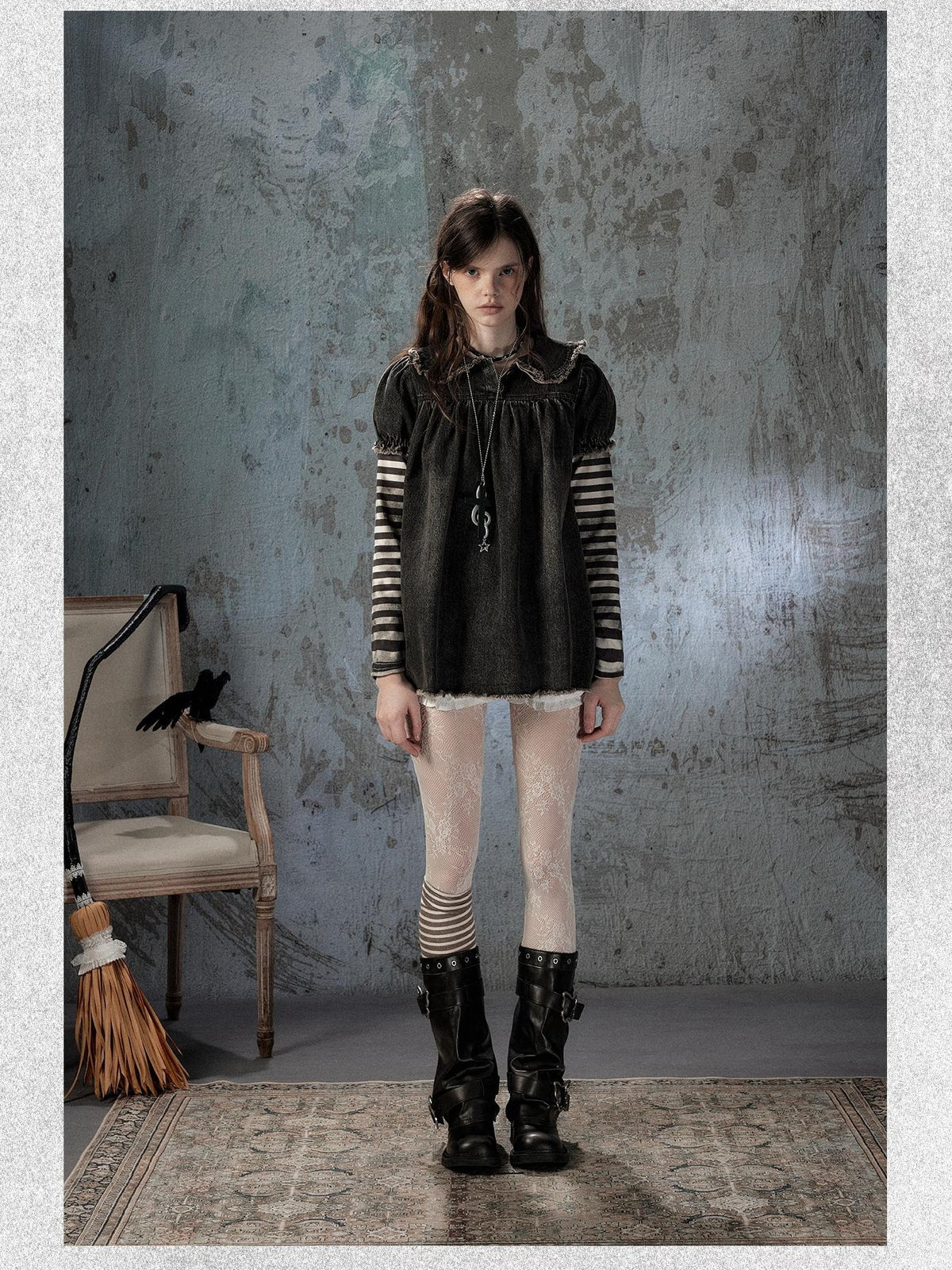 ALL iN plan Striped Denim Patchwork Doll Collar Distressed Women&