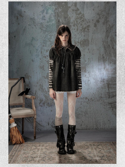 ALL iN plan Striped Denim Patchwork Doll Collar Distressed Women&