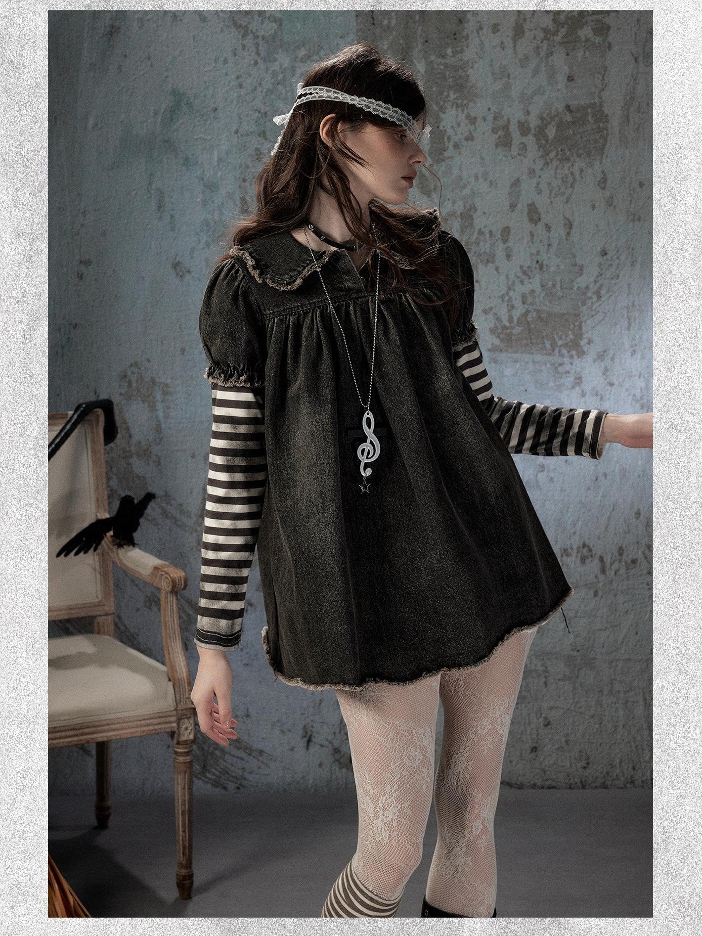 ALL iN plan Striped Denim Patchwork Doll Collar Distressed Women&