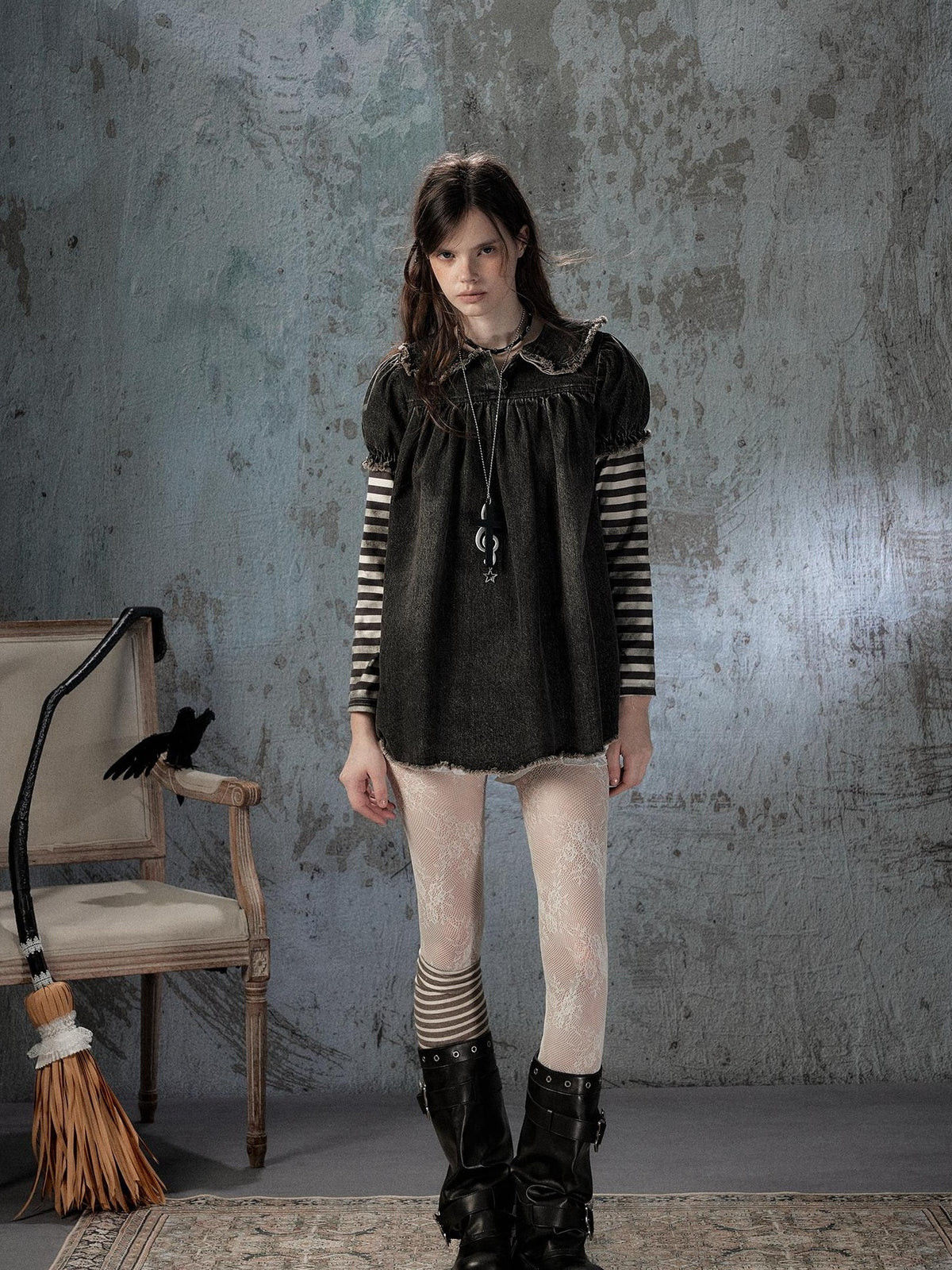 ALL iN plan Striped Denim Patchwork Doll Collar Distressed Women&