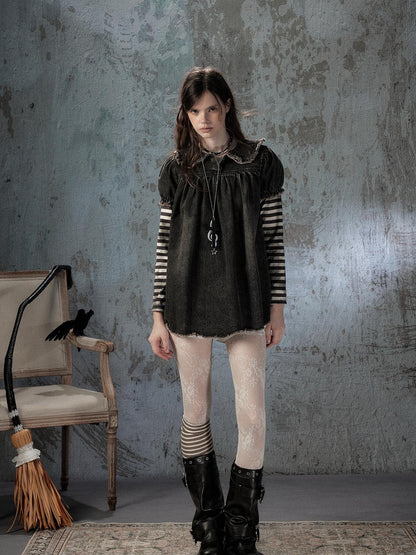 ALL iN plan Striped Denim Patchwork Doll Collar Distressed Women&