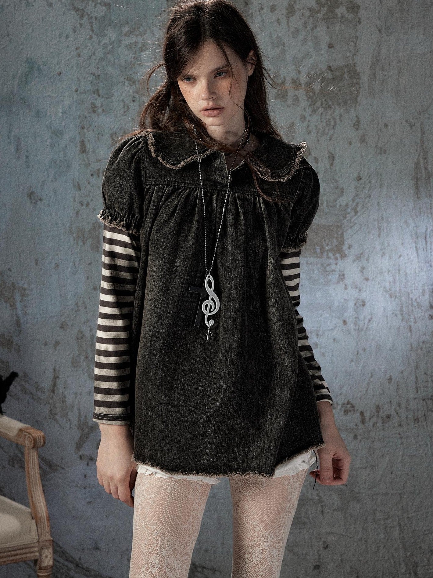 ALL iN plan Striped Denim Patchwork Doll Collar Distressed Women&