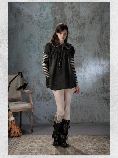 ALL iN plan Striped Denim Patchwork Doll Collar Distressed Women&