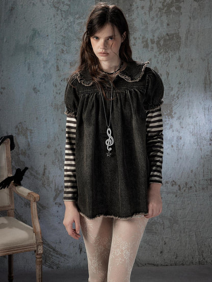 ALL iN plan Striped Denim Patchwork Doll Collar Distressed Women&