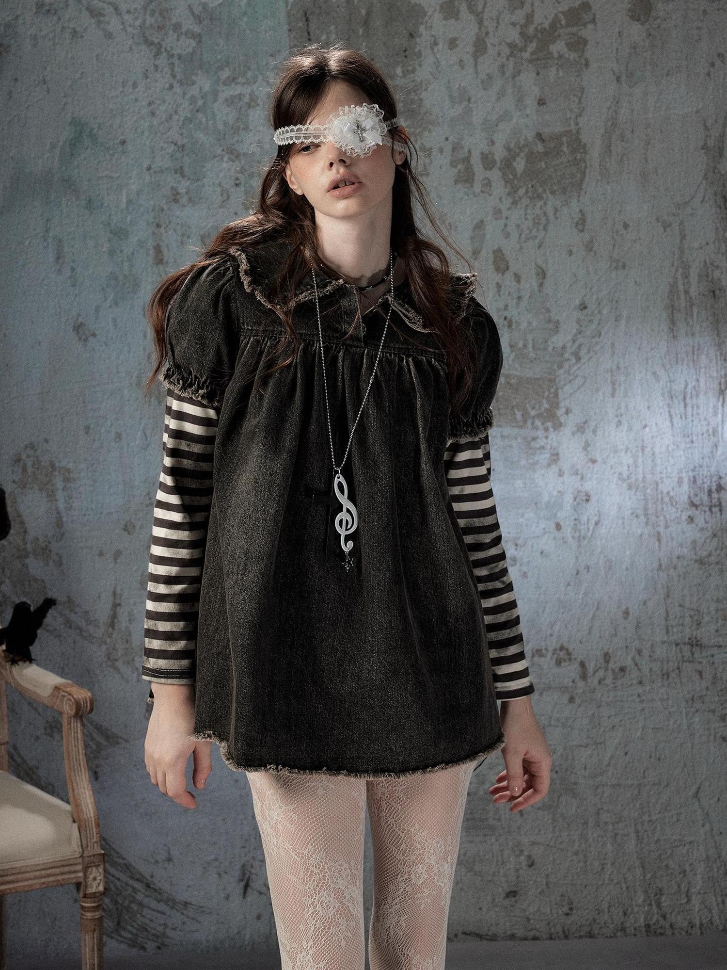 ALL iN plan Striped Denim Patchwork Doll Collar Distressed Women&