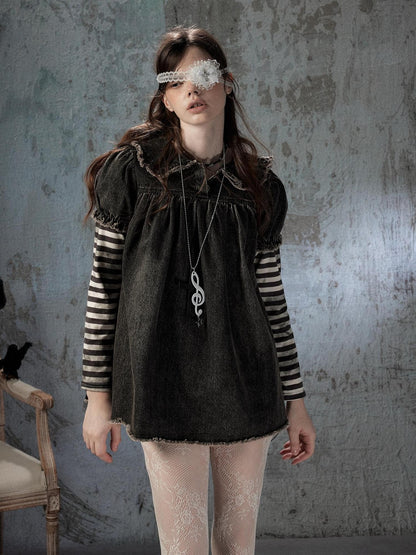 ALL iN plan Striped Denim Patchwork Doll Collar Distressed Women&