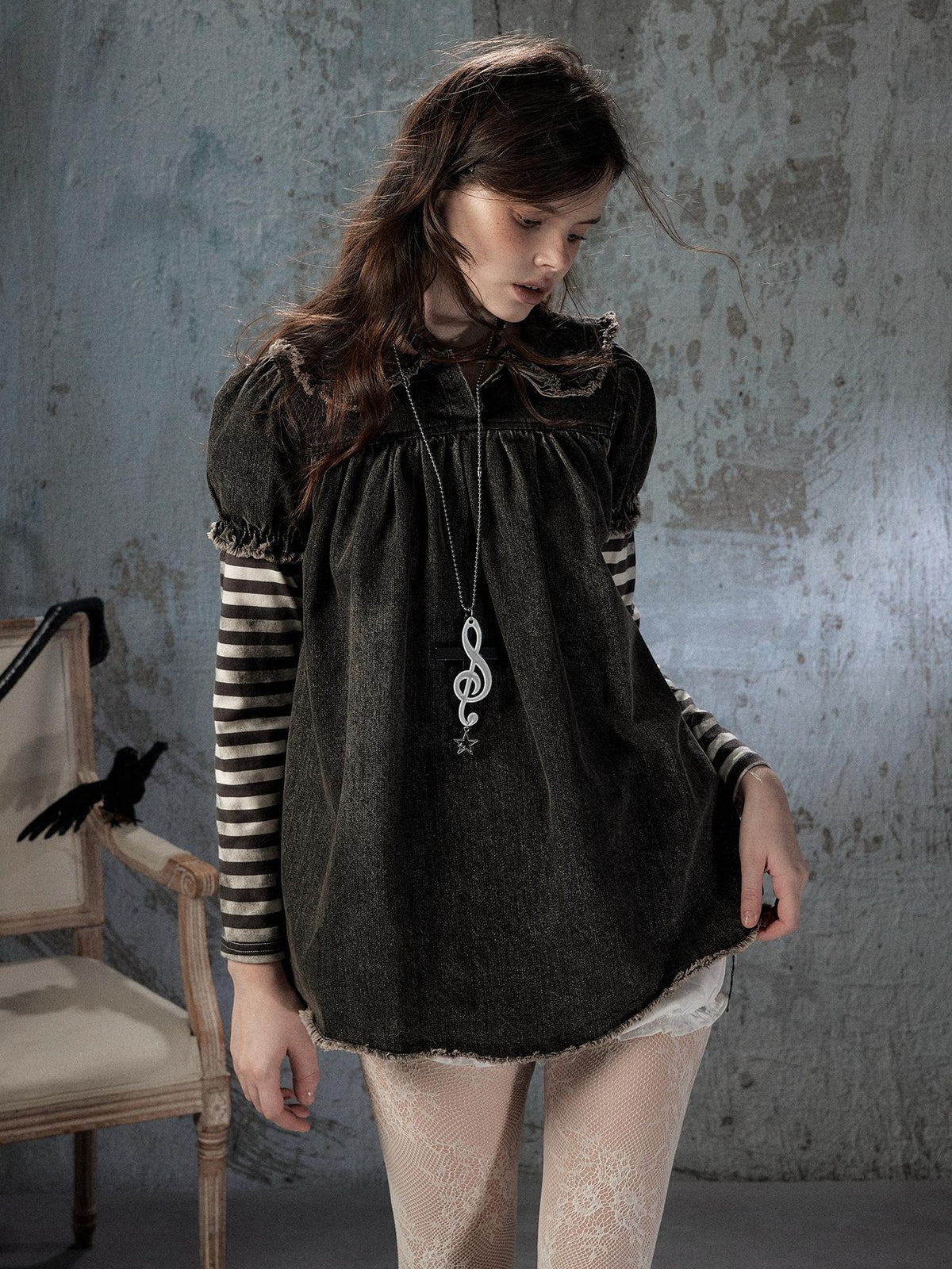 ALL iN plan Striped Denim Patchwork Doll Collar Distressed Women&