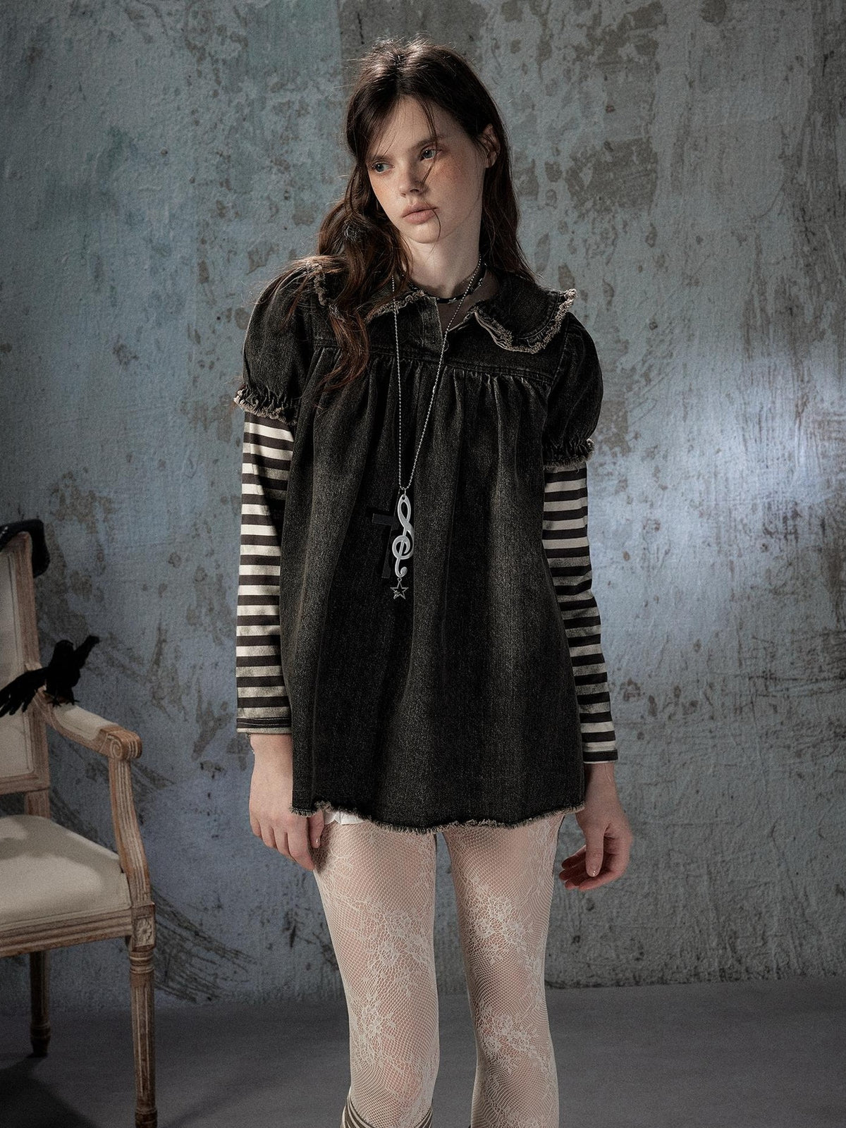 ALL iN plan Striped Denim Patchwork Doll Collar Distressed Women&