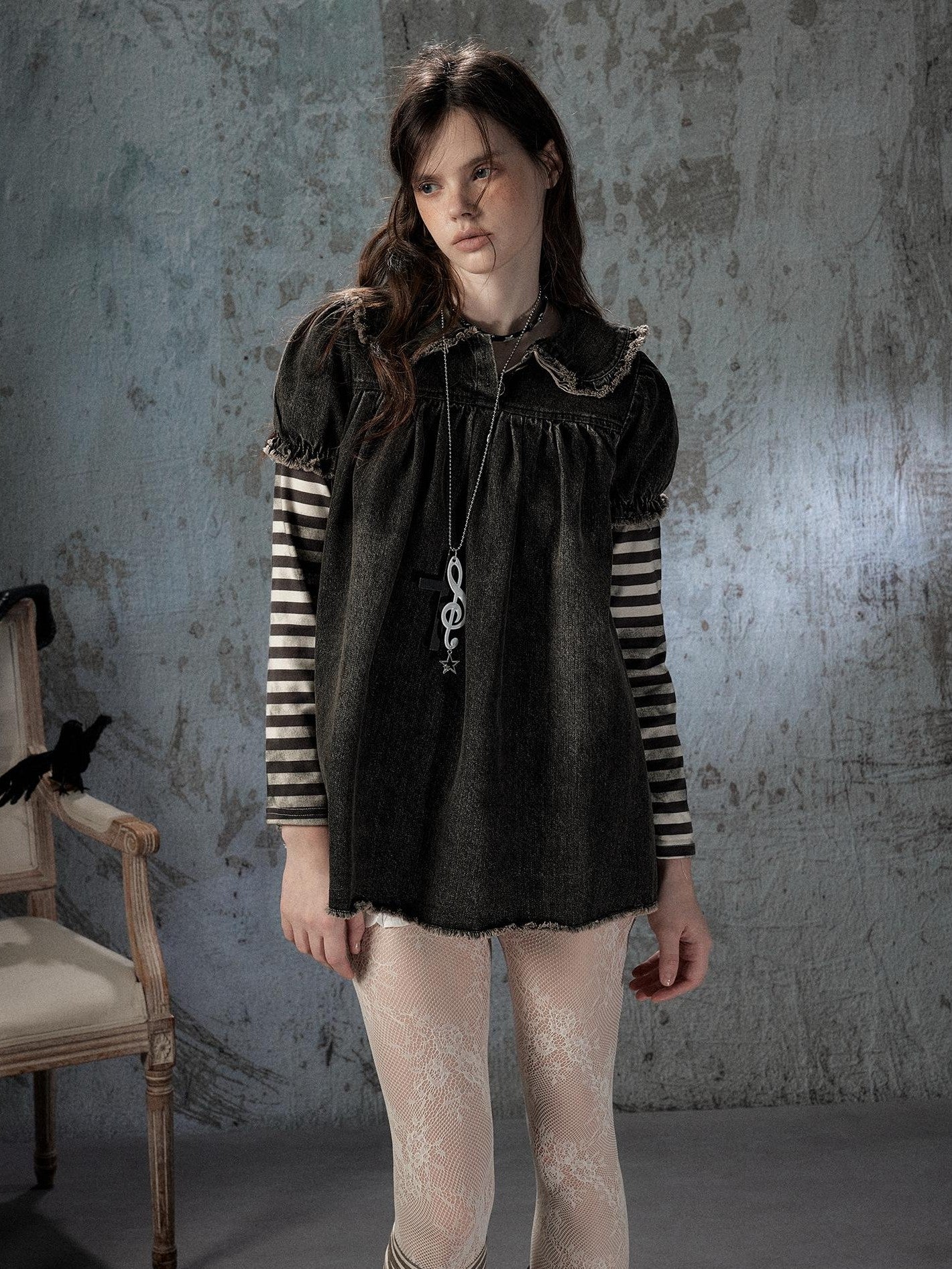 ALL iN plan Striped Denim Patchwork Doll Collar Distressed Women&