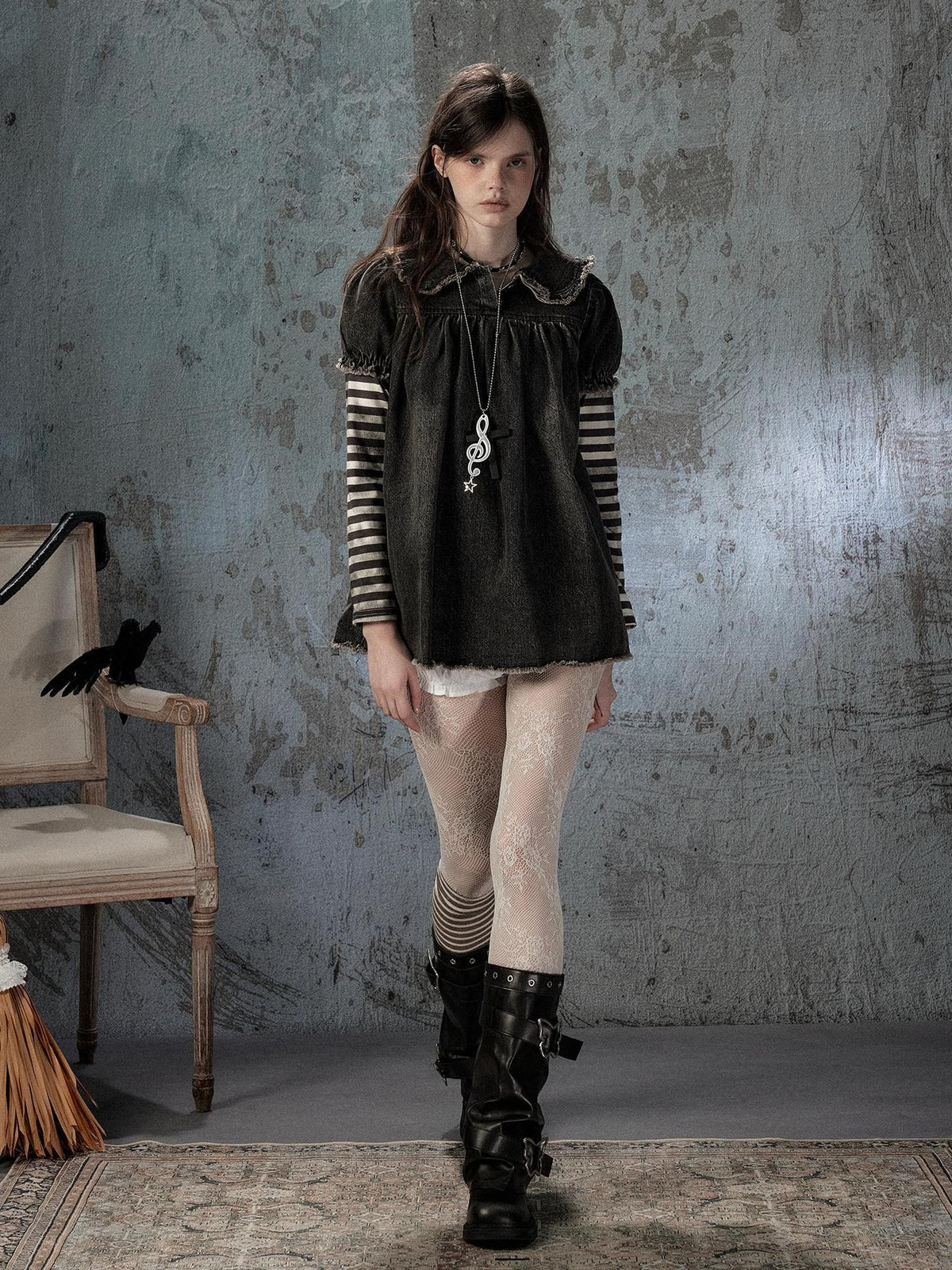 ALL iN plan Striped Denim Patchwork Doll Collar Distressed Women&