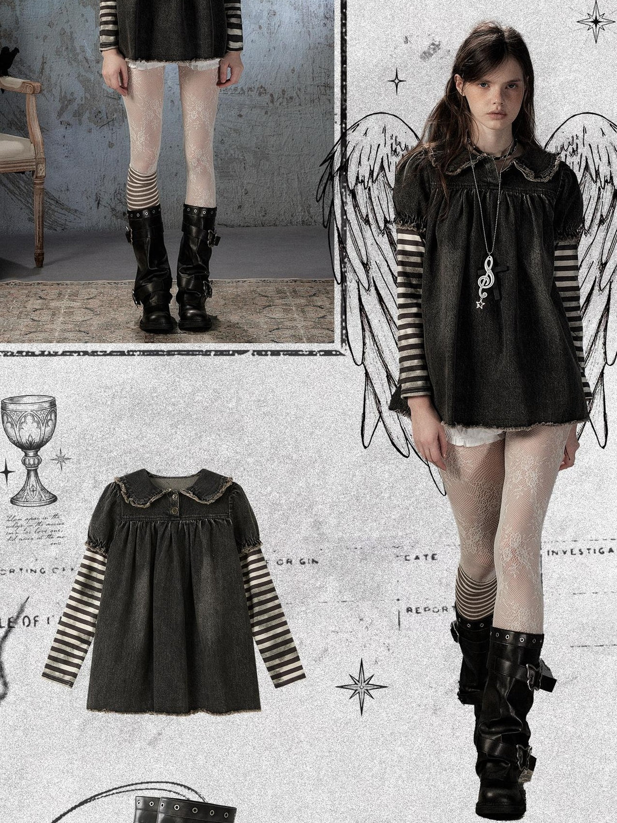 ALL iN plan Striped Denim Patchwork Doll Collar Distressed Women&
