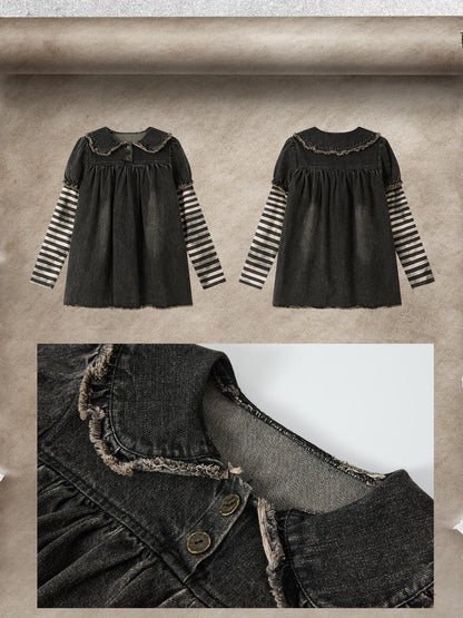 ALL iN plan Striped Denim Patchwork Doll Collar Distressed Women&