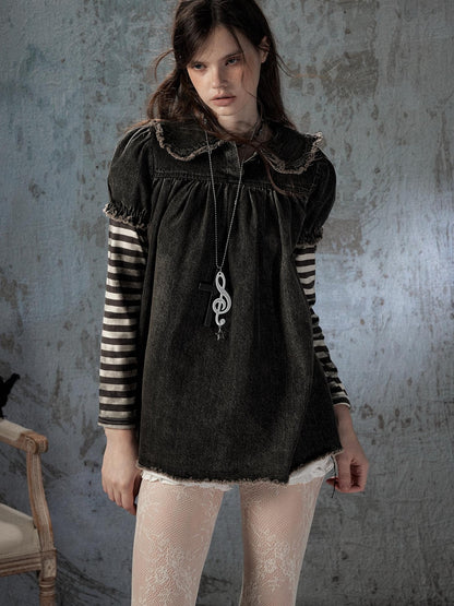 ALL iN plan Striped Denim Patchwork Doll Collar Distressed Women&