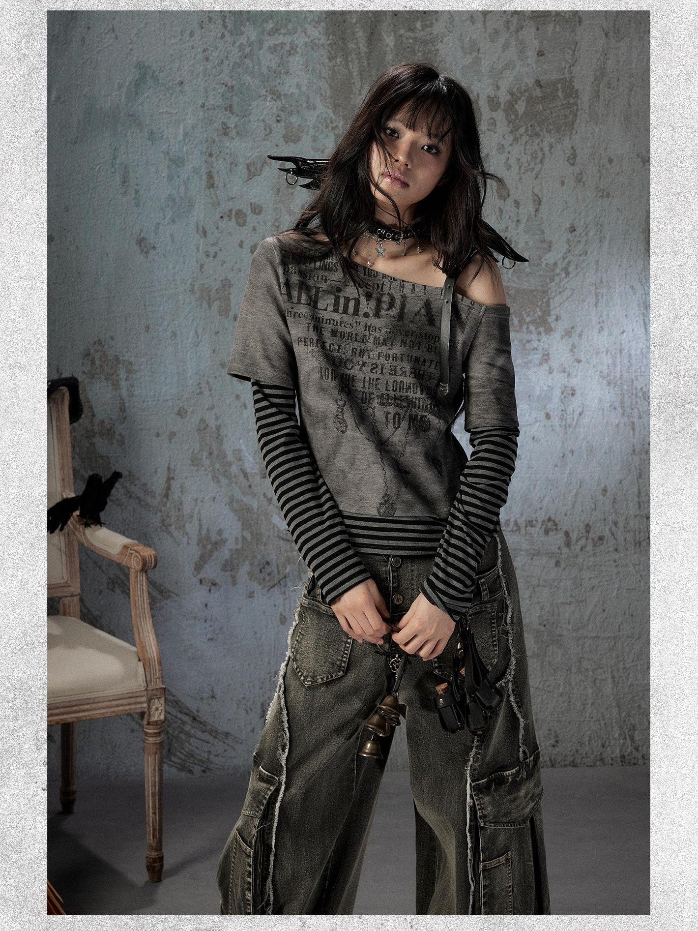 ALL iN plan Striped Diagonal Off Shoulder Faux Layered Women&
