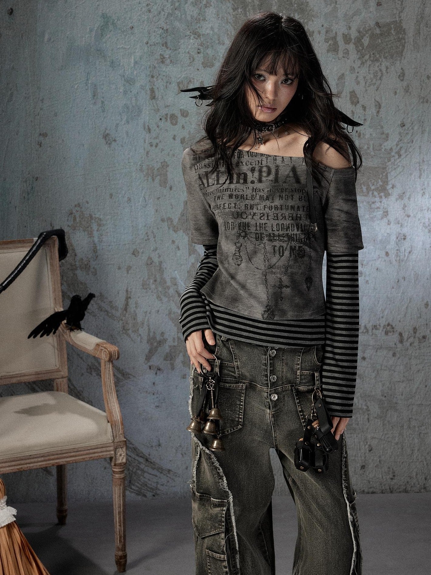 ALL iN plan Striped Diagonal Off Shoulder Faux Layered Women&