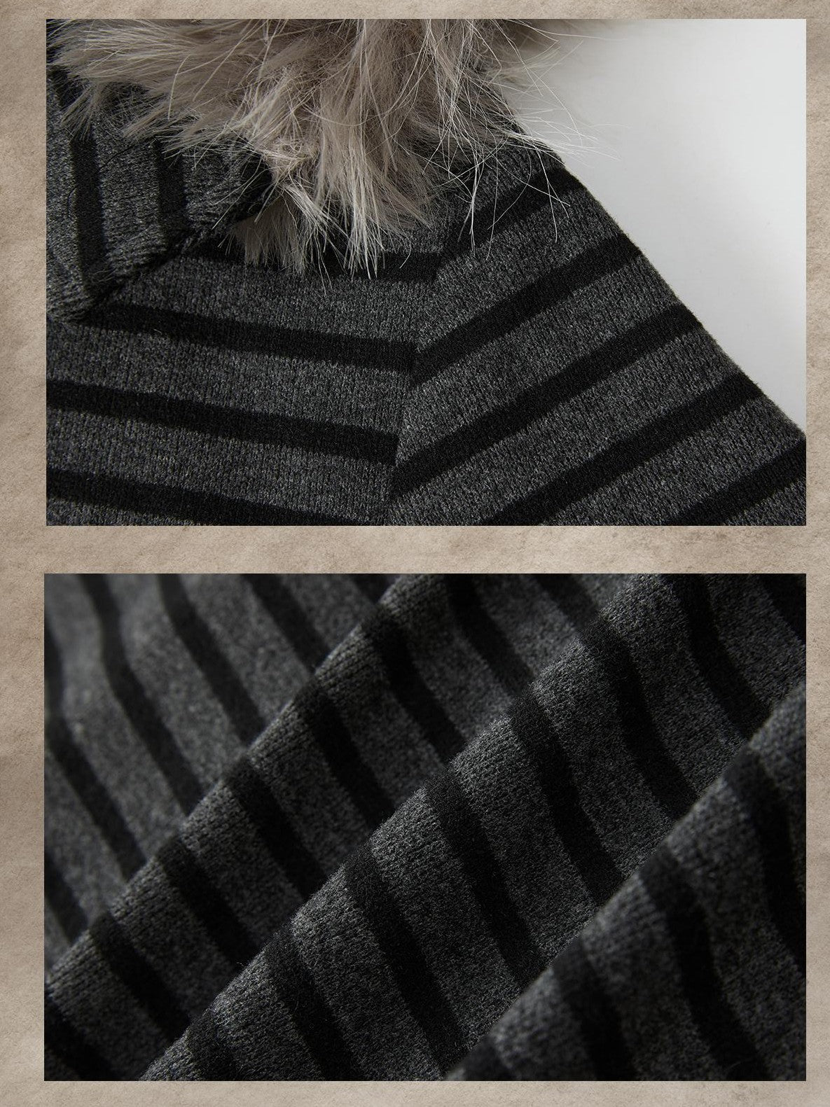 ALL iN plan Striped Faux Fur Collar Loose Fit Women&