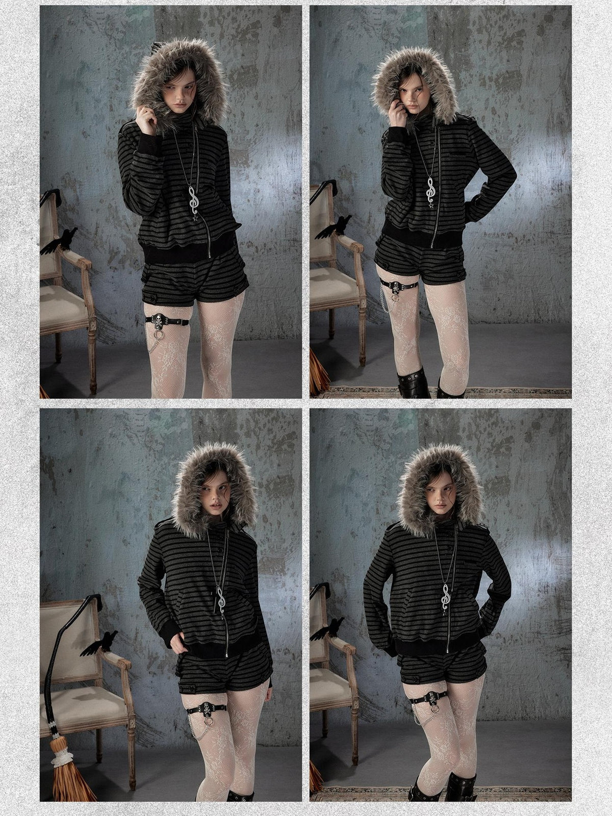 ALL iN plan Striped Faux Fur Collar Loose Fit Women&