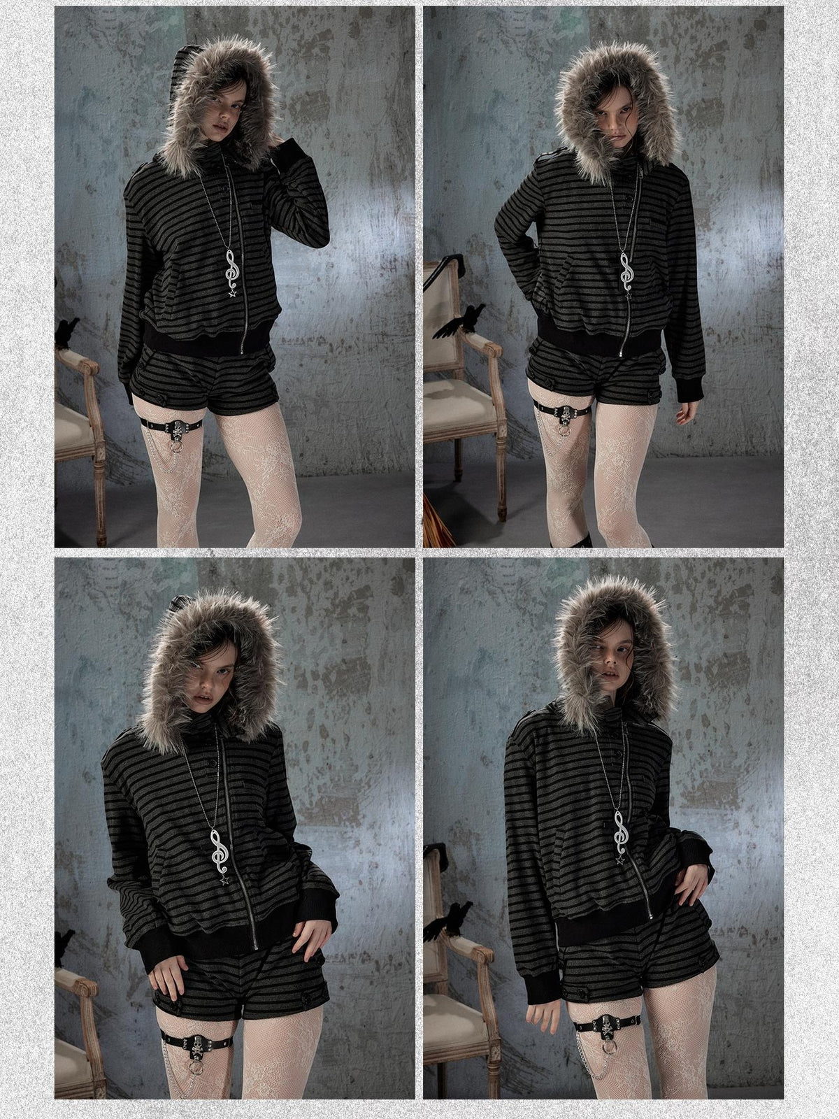 ALL iN plan Striped Faux Fur Collar Loose Fit Women&