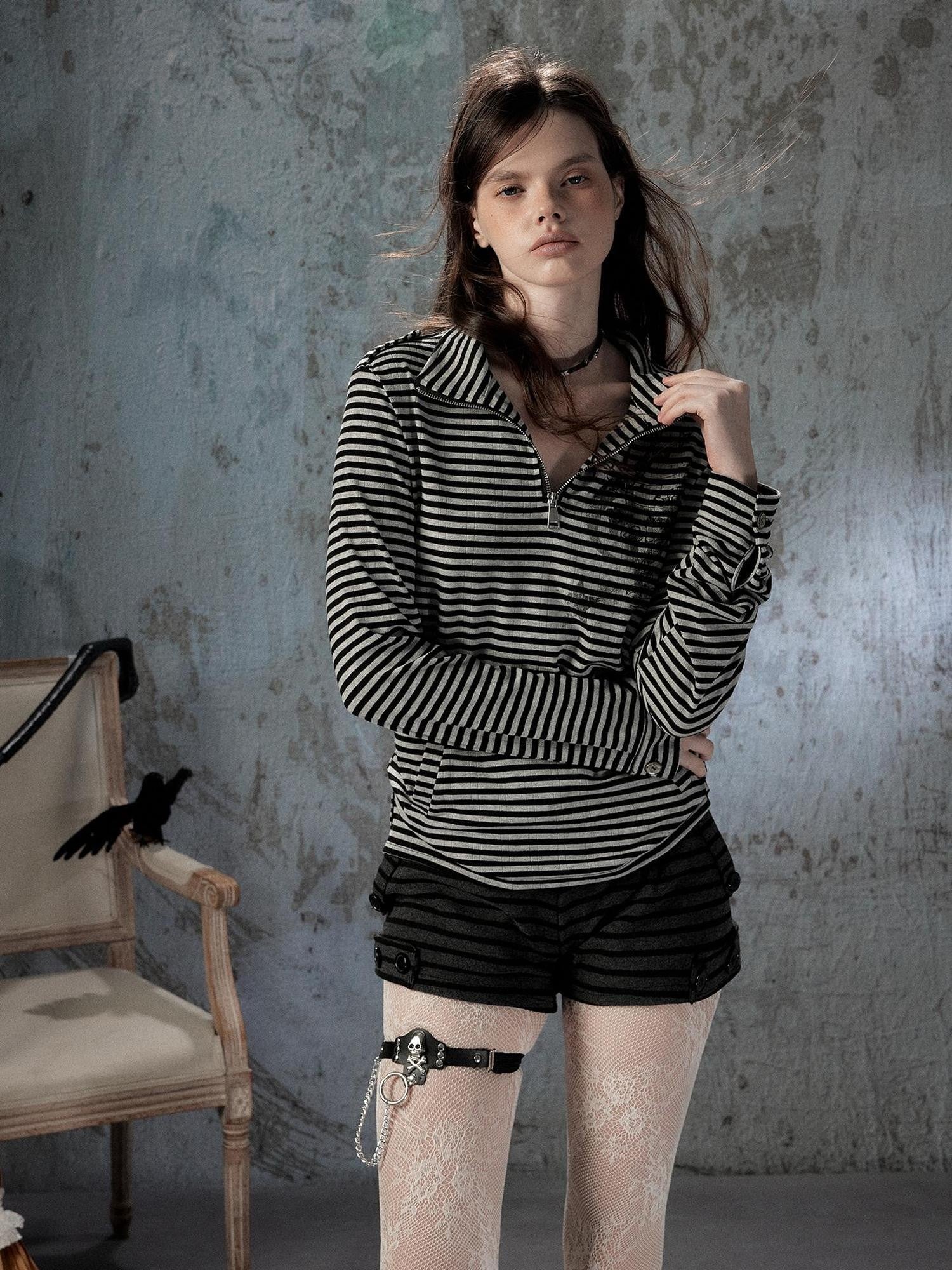 ALL iN plan Striped Half Zip Collar Printed Women&